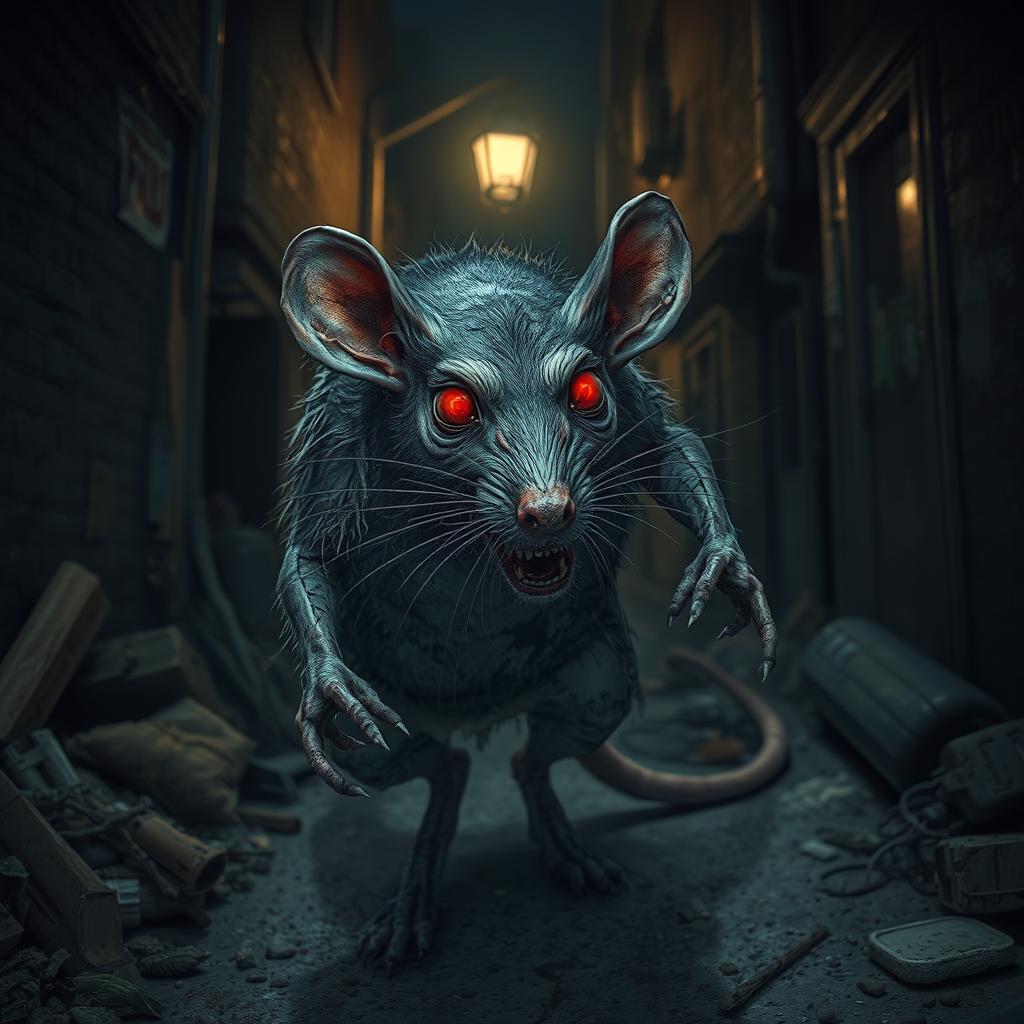 A grotesque, zombie rat with tattered fur and glowing red eyes, its body covered in patches of decay and mold