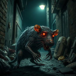 A grotesque, zombie rat with tattered fur and glowing red eyes, its body covered in patches of decay and mold
