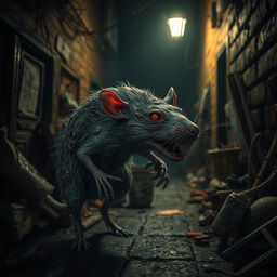 A grotesque, zombie rat with tattered fur and glowing red eyes, its body covered in patches of decay and mold