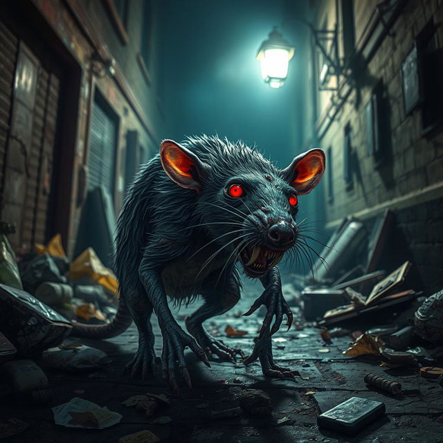 A grotesque, zombie rat with tattered fur and glowing red eyes, its body covered in patches of decay and mold