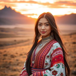 A stunning Mongolian woman in traditional attire, elegantly posing in a beautiful natural landscape
