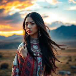 A stunning Mongolian woman in traditional attire, elegantly posing in a beautiful natural landscape