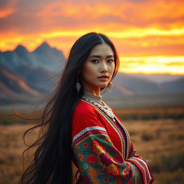 A stunning Mongolian woman in traditional attire, elegantly posing in a beautiful natural landscape