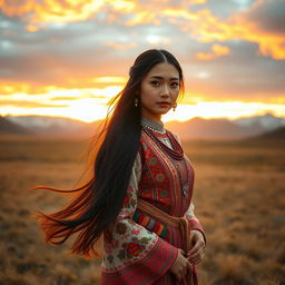 A stunning Mongolian woman in traditional attire, elegantly posing in a beautiful natural landscape