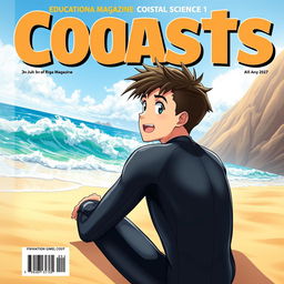 Detailed anime-style cover art for an educational magazine issue titled 'Coasts', featuring an excited teen male character in a tight glossy wetsuit, sitting on the beach