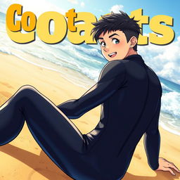 Detailed anime-style cover art for an educational magazine issue titled 'Coasts', featuring an excited teen male character in a tight glossy wetsuit, sitting on the beach