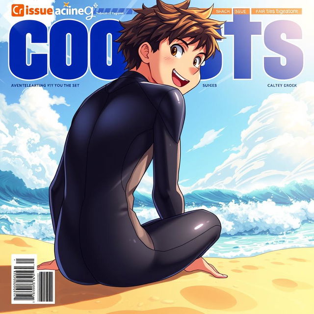 Detailed anime-style cover art for an educational magazine issue titled 'Coasts', featuring an excited teen male character in a tight glossy wetsuit, sitting on the beach