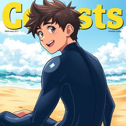 Detailed anime-style cover art for an educational magazine issue titled 'Coasts', featuring an excited teen male character in a tight glossy wetsuit, sitting on the beach