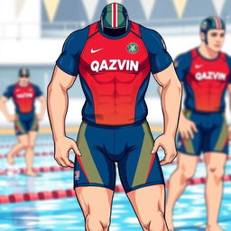 A detailed, vibrant illustration of the water polo team uniform for Qazvin, featuring a sleek design with the team's colors prominently displayed