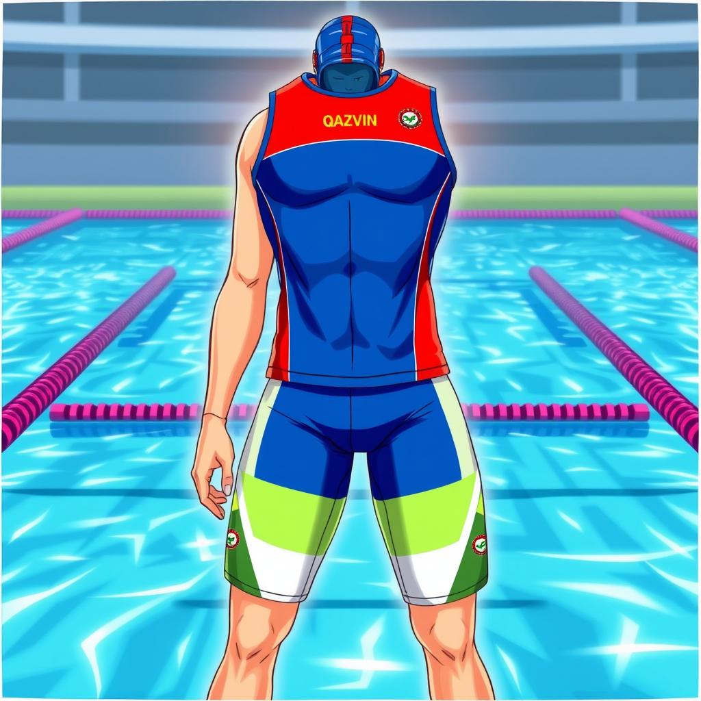 A detailed, vibrant illustration of the water polo team uniform for Qazvin, featuring a sleek design with the team's colors prominently displayed