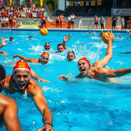 A dynamic scene of a water polo match in full action, with athletes diving and splashing in a vibrant blue pool