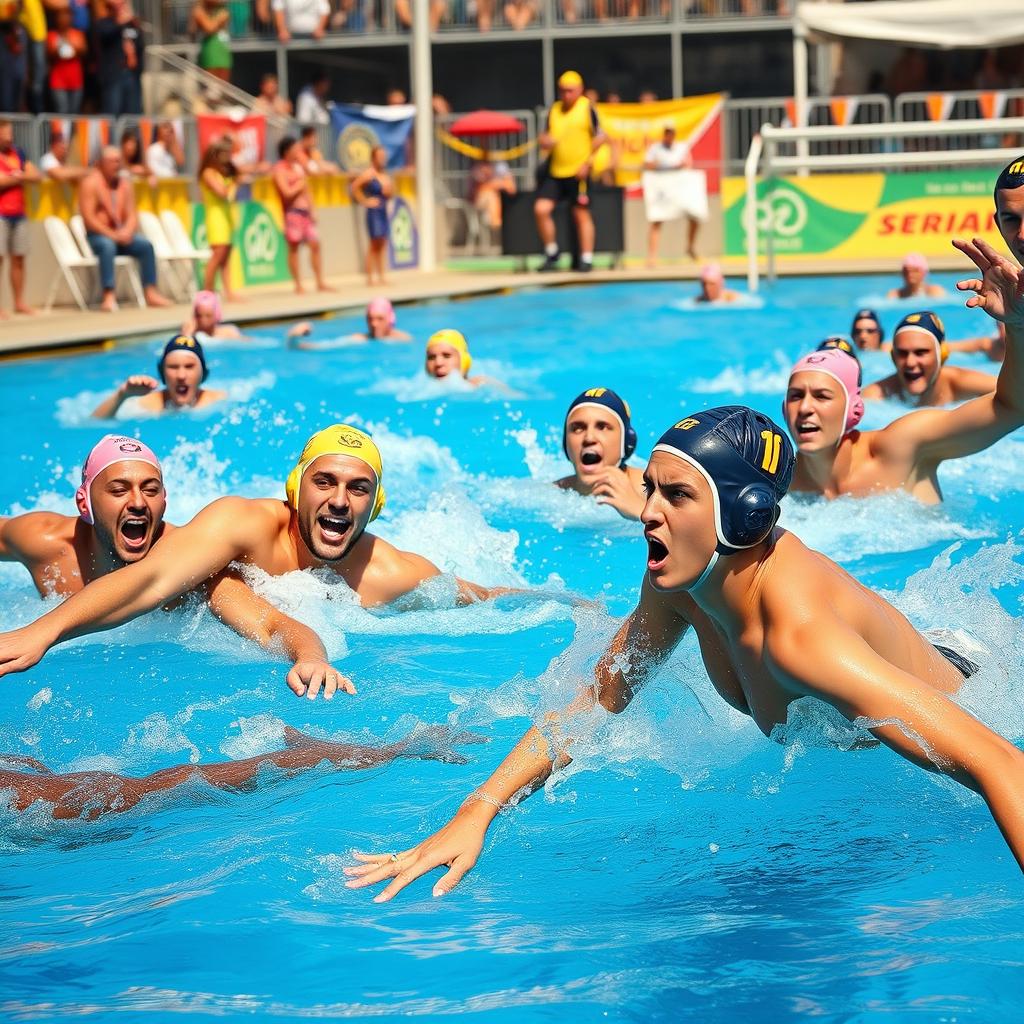 A dynamic scene of a water polo match in full action, with athletes diving and splashing in a vibrant blue pool