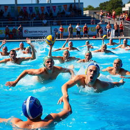 A dynamic scene of a water polo match in full action, with athletes diving and splashing in a vibrant blue pool