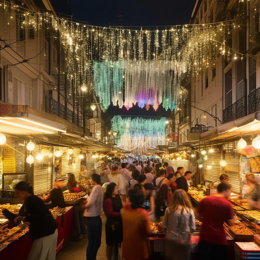 A bustling open-air market with diverse street food stalls under colorful awnings lit by sparkling fairy lights, surrounded by a crowd of lively people.