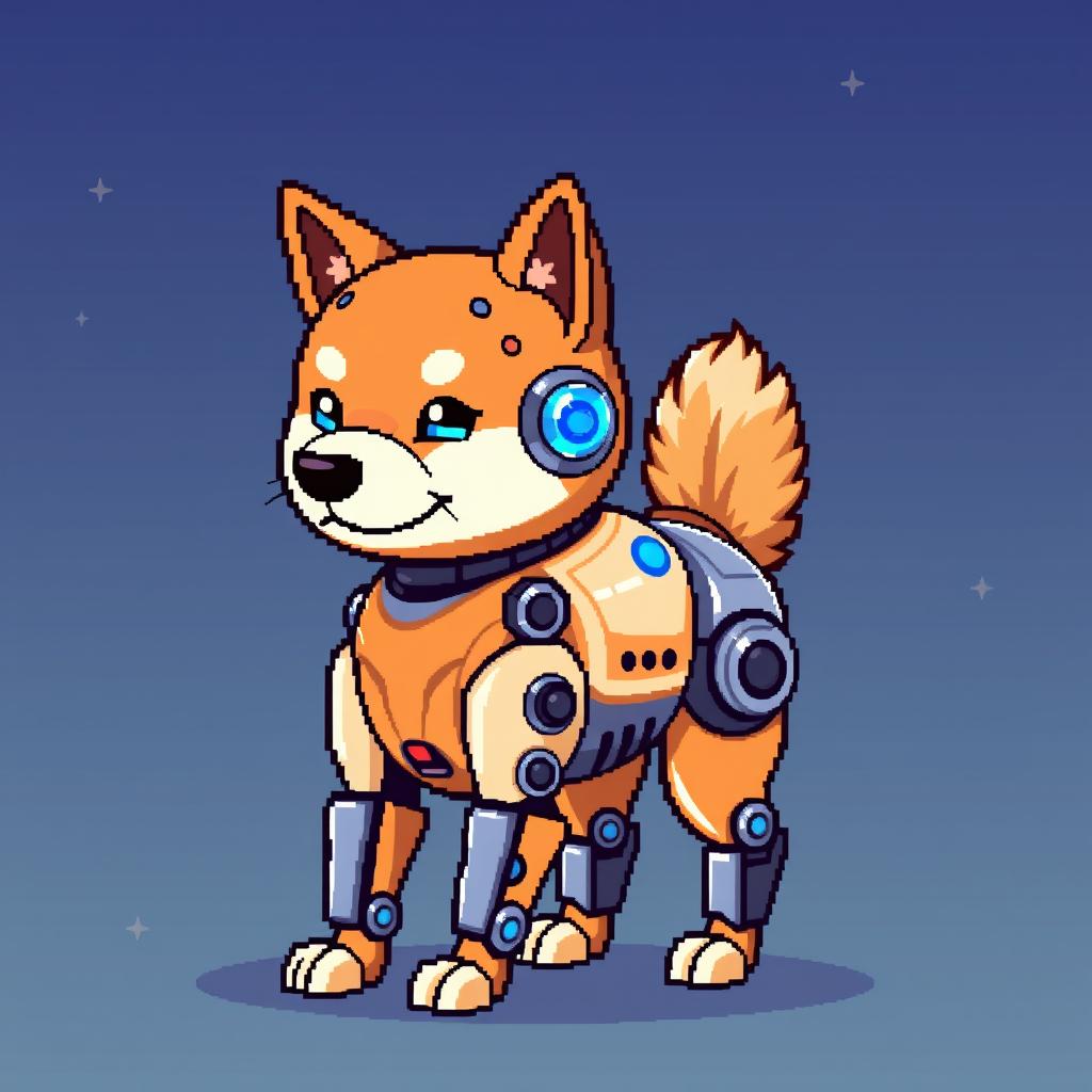 A pixel art depiction of a robotic Shiba Inu, styled in an 8-bit retro aesthetic