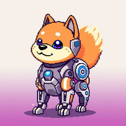 A pixel art depiction of a robotic Shiba Inu, styled in an 8-bit retro aesthetic