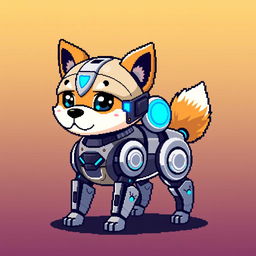 A pixel art depiction of a robotic Shiba Inu, styled in an 8-bit retro aesthetic