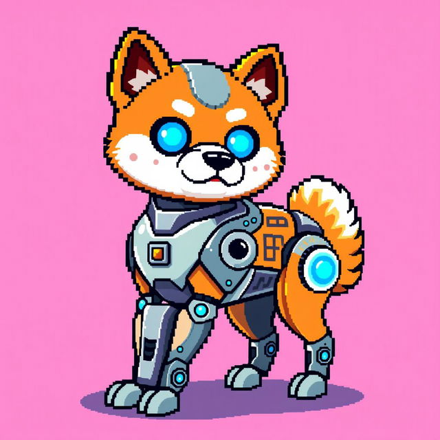 A pixel art depiction of a robotic Shiba Inu, styled in an 8-bit retro aesthetic