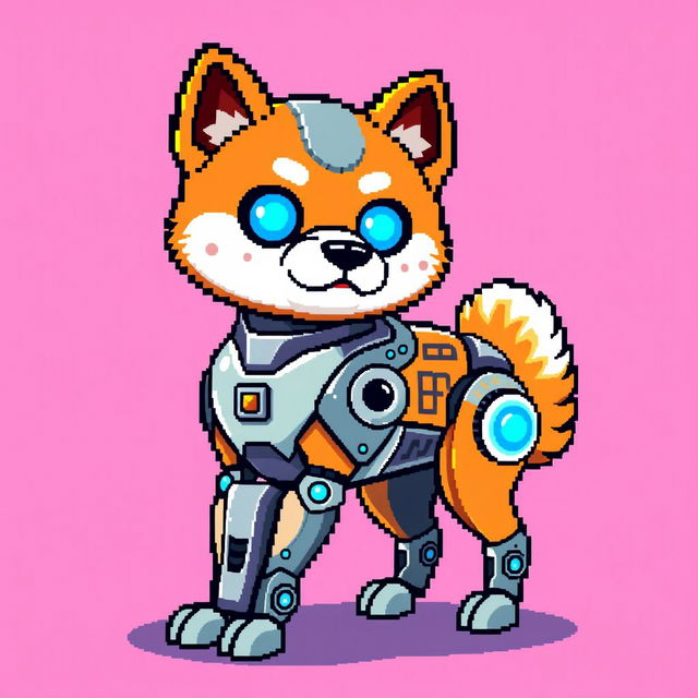 A pixel art depiction of a robotic Shiba Inu, styled in an 8-bit retro aesthetic