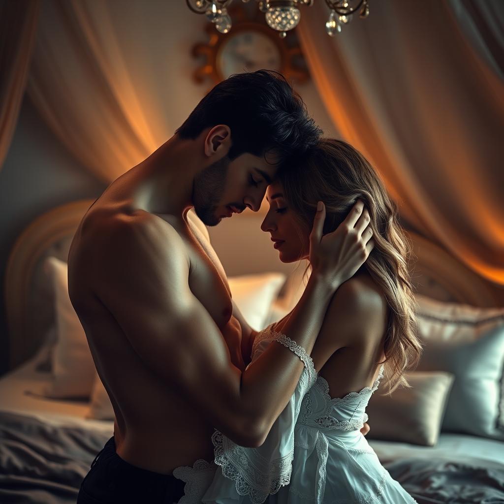 A sensual and intimate scene featuring a couple in a romantic embrace, with soft, warm lighting highlighting their expressions of passion