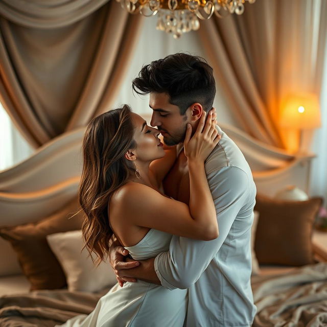 A sensual and intimate scene featuring a couple in a romantic embrace, with soft, warm lighting highlighting their expressions of passion