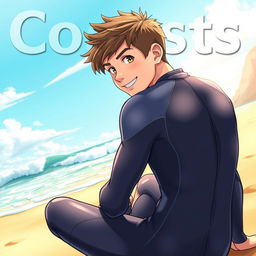 Detailed anime-style cover art for an educational magazine issue titled 'Coasts', featuring a friendly and fit teen male character in a tight glossy wetsuit, sitting on the beach