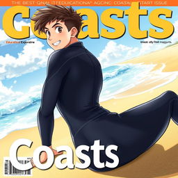 Detailed anime-style cover art for an educational magazine issue titled 'Coasts', featuring a friendly and fit teen male character in a tight glossy wetsuit, sitting on the beach