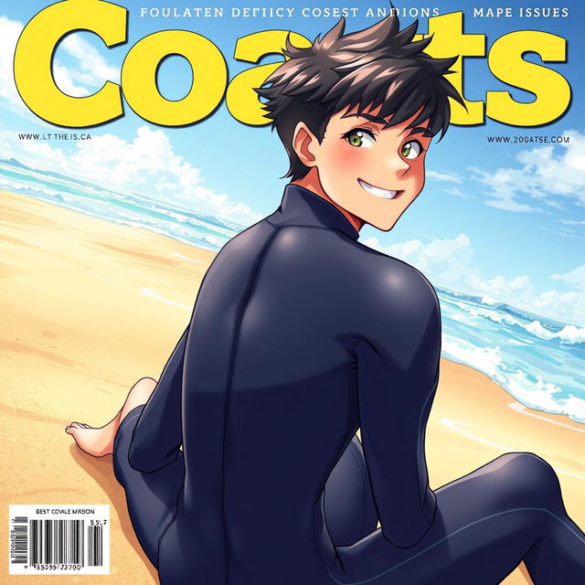 Detailed anime-style cover art for an educational magazine issue titled 'Coasts', featuring a friendly and fit teen male character in a tight glossy wetsuit, sitting on the beach