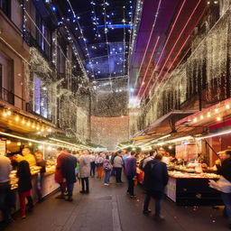 A bustling open-air market with diverse street food stalls under colorful awnings lit by sparkling fairy lights, surrounded by a crowd of lively people.