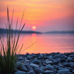 A beautifully composed landscape photograph featuring a serene lake at sunset, with vibrant orange and purple hues reflecting off the water's surface