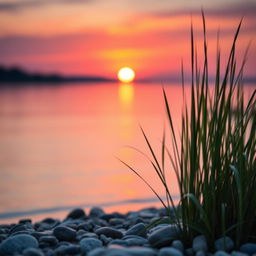 A beautifully composed landscape photograph featuring a serene lake at sunset, with vibrant orange and purple hues reflecting off the water's surface