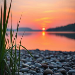 A beautifully composed landscape photograph featuring a serene lake at sunset, with vibrant orange and purple hues reflecting off the water's surface