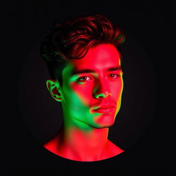 A minimalist portrait of a young man with curly hair, featuring vibrant dual-tone colors of red and green