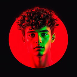 A minimalist portrait of a young man with curly hair, featuring vibrant dual-tone colors of red and green