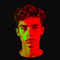 A minimalist portrait of a young man with curly hair, featuring vibrant dual-tone colors of red and green