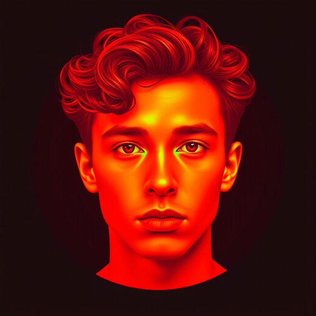 A minimalist portrait of a young man with curly hair, featuring vibrant dual-tone colors of red and green