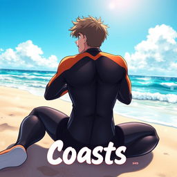Detailed anime-style cover art for a book titled 'Coasts' featuring an excited, stinky teenage male character in a tight glossy wetsuit sitting on the beach