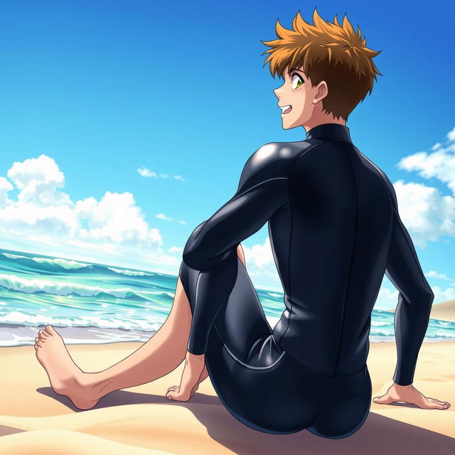 Detailed anime-style cover art for a book titled 'Coasts' featuring an excited, stinky teenage male character in a tight glossy wetsuit sitting on the beach