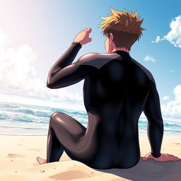 Detailed anime-style cover art for a book titled 'Coasts' featuring an excited, stinky teenage male character in a tight glossy wetsuit sitting on the beach