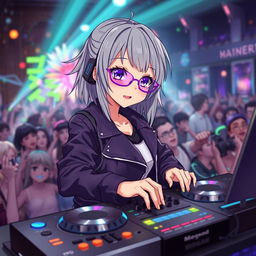 A stylish grey-haired anime girl with vibrant purple glasses is energetically playing at a DJ table