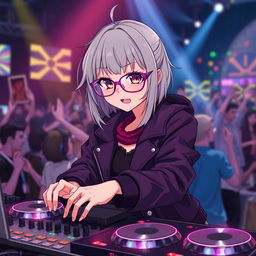 A stylish grey-haired anime girl with vibrant purple glasses is energetically playing at a DJ table