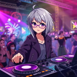 A stylish grey-haired anime girl with vibrant purple glasses is energetically playing at a DJ table