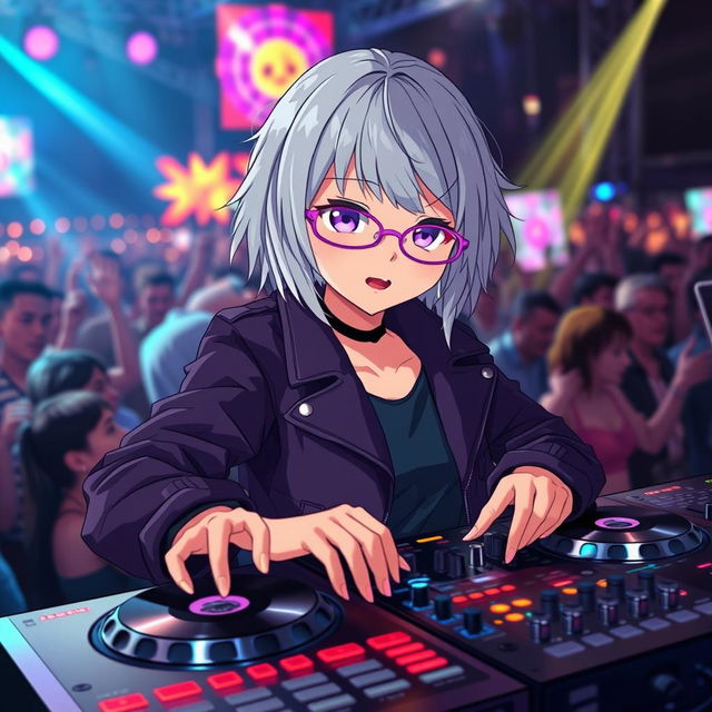 A stylish grey-haired anime girl with vibrant purple glasses is energetically playing at a DJ table