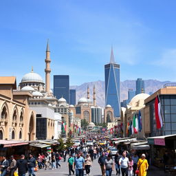 A vibrant and modern cityscape of Tehran, Iran, showcasing a harmonious blend of traditional Persian architecture with contemporary elements, featuring historical landmarks such as the Shah Mosque and the Azadi Tower juxtaposed with sleek skyscrapers and advanced technology