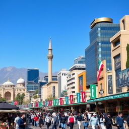 A vibrant and modern cityscape of Tehran, Iran, showcasing a harmonious blend of traditional Persian architecture with contemporary elements, featuring historical landmarks such as the Shah Mosque and the Azadi Tower juxtaposed with sleek skyscrapers and advanced technology