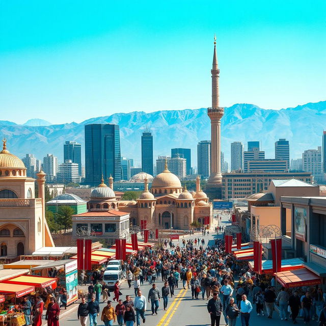 A vibrant and modern cityscape of Tehran, Iran, showcasing a harmonious blend of traditional Persian architecture with contemporary elements, featuring historical landmarks such as the Shah Mosque and the Azadi Tower juxtaposed with sleek skyscrapers and advanced technology