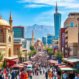 A vibrant and modern cityscape of Tehran, Iran, showcasing a harmonious blend of traditional Persian architecture with contemporary elements, featuring historical landmarks such as the Shah Mosque and the Azadi Tower juxtaposed with sleek skyscrapers and advanced technology