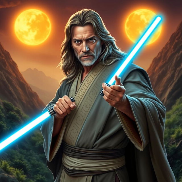 Jean Claude Van Damme depicted as a Jedi Master, wearing an elegant Jedi robe with intricate designs, standing confidently in a dynamic pose