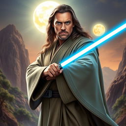 Jean Claude Van Damme depicted as a Jedi Master, wearing an elegant Jedi robe with intricate designs, standing confidently in a dynamic pose