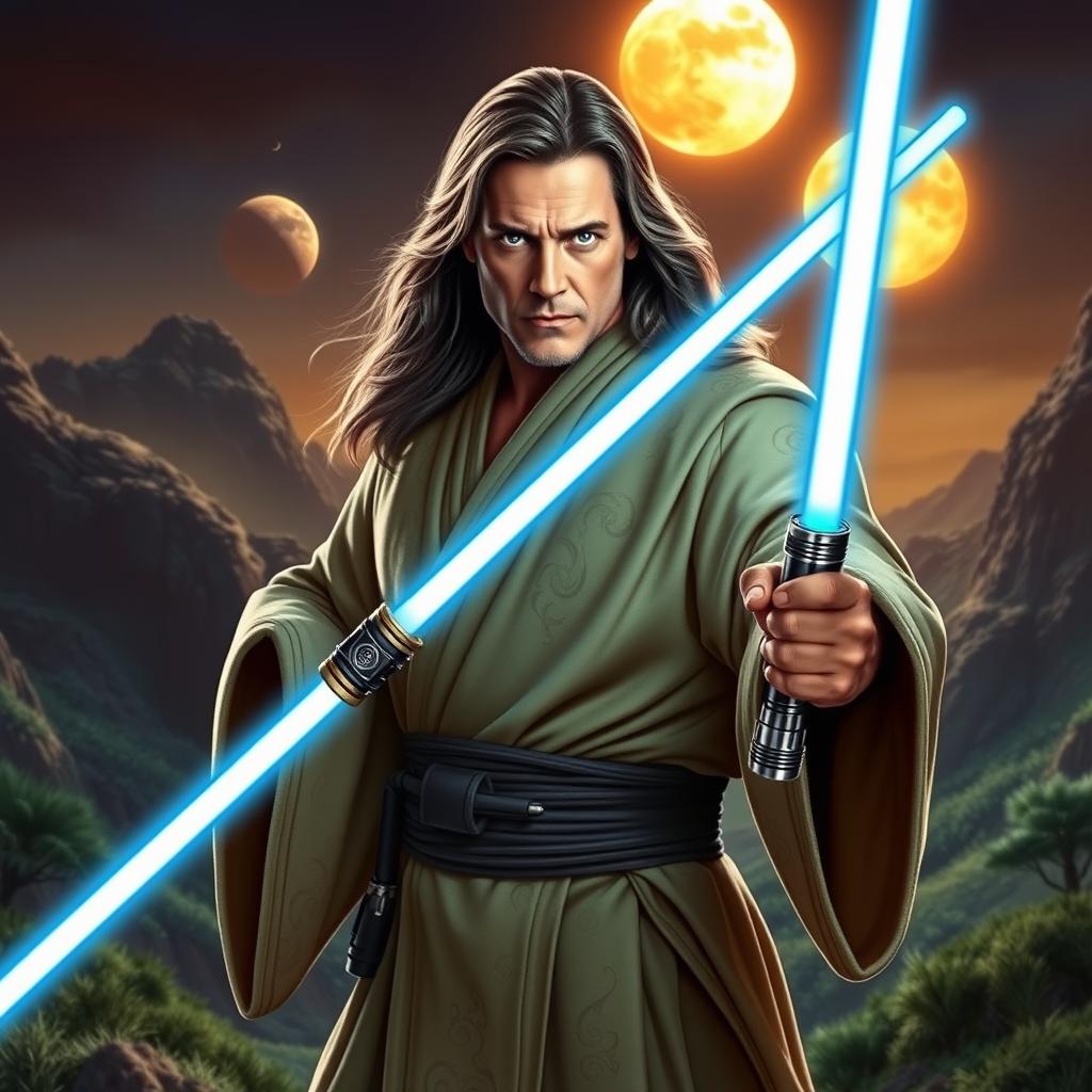 Jean Claude Van Damme depicted as a Jedi Master, wearing an elegant Jedi robe with intricate designs, standing confidently in a dynamic pose